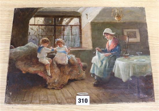 A. Russell, oil on canvas, Cottage interior with children playing, signed, 26 x 36cm, unframed
